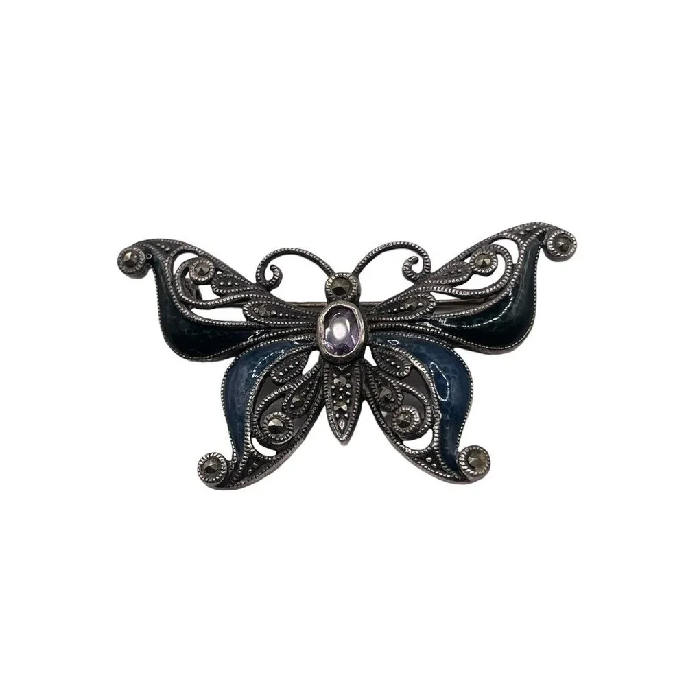 Sterling Silver 925 Faceted Amethyst Marcasite Enameled Butterfly Brooch Pin VTG